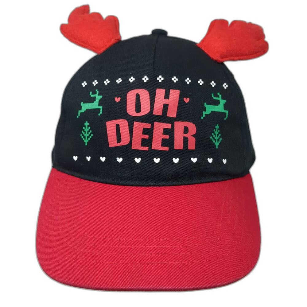 5 Panel Black Red Hat OSFM Oh Deer Reindeer Antlers Christmas Holiday Graphic